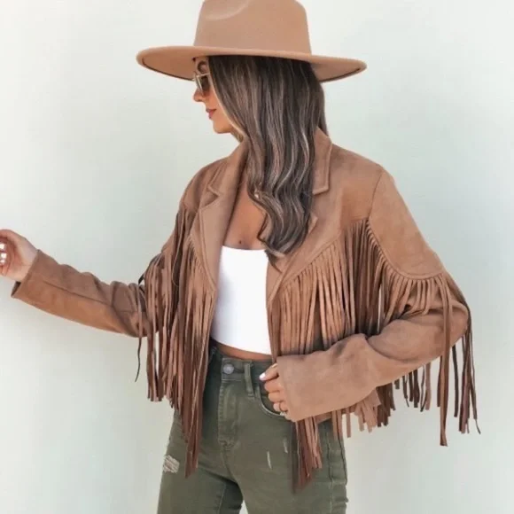 Faux suede women jacket zip blazer coat boho festioval fringe tops - Picture 5 of 6